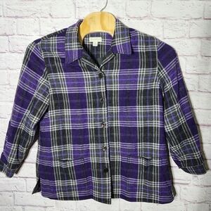Appleseeds Wool Blend Jacket Women's XL Purple Plaid Button Up Collared‎ Pockets
